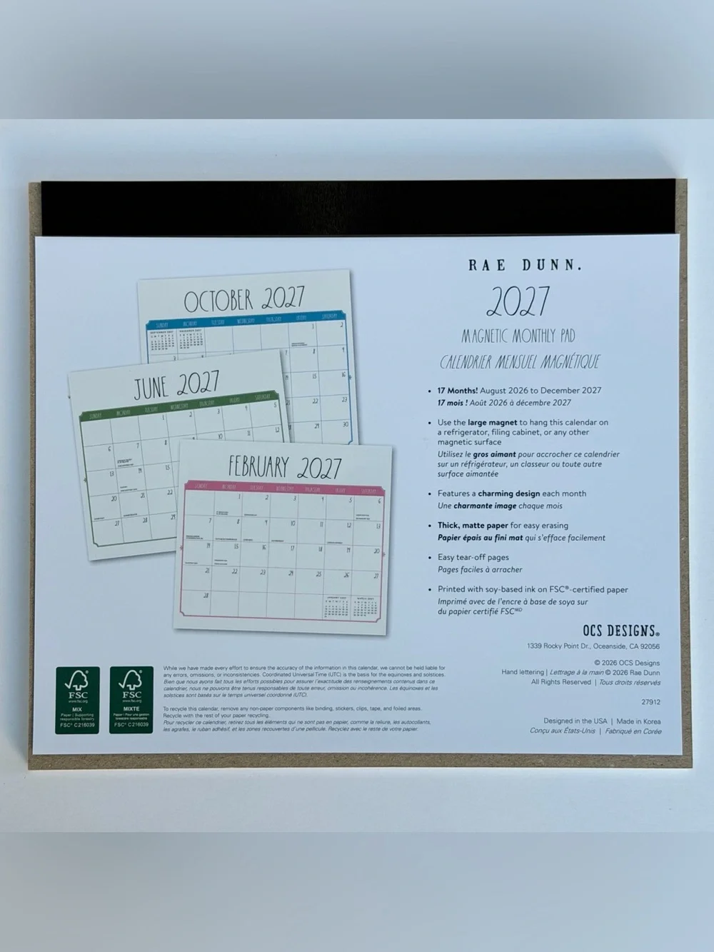 Rae Dunn 2026-2027 Magnetic Monthly Weekly 17-month Calendar Pad (Multi Colors)